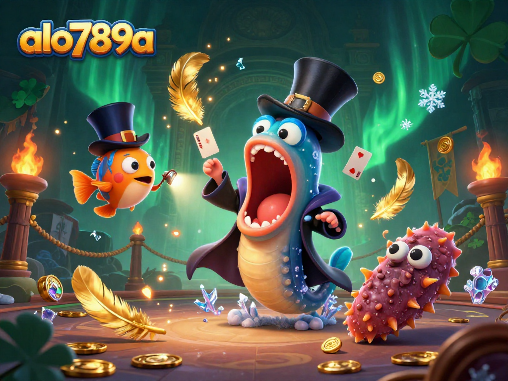 Alo789a showcases a vibrant, dynamic casino scene with unique sea characters performing magic tricks.