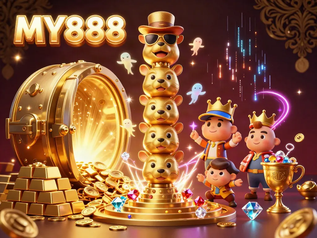 Engage with MY888's vibrant cartoon casino fantasy featuring a golden totem pole amidst treasures and dynamic lights.