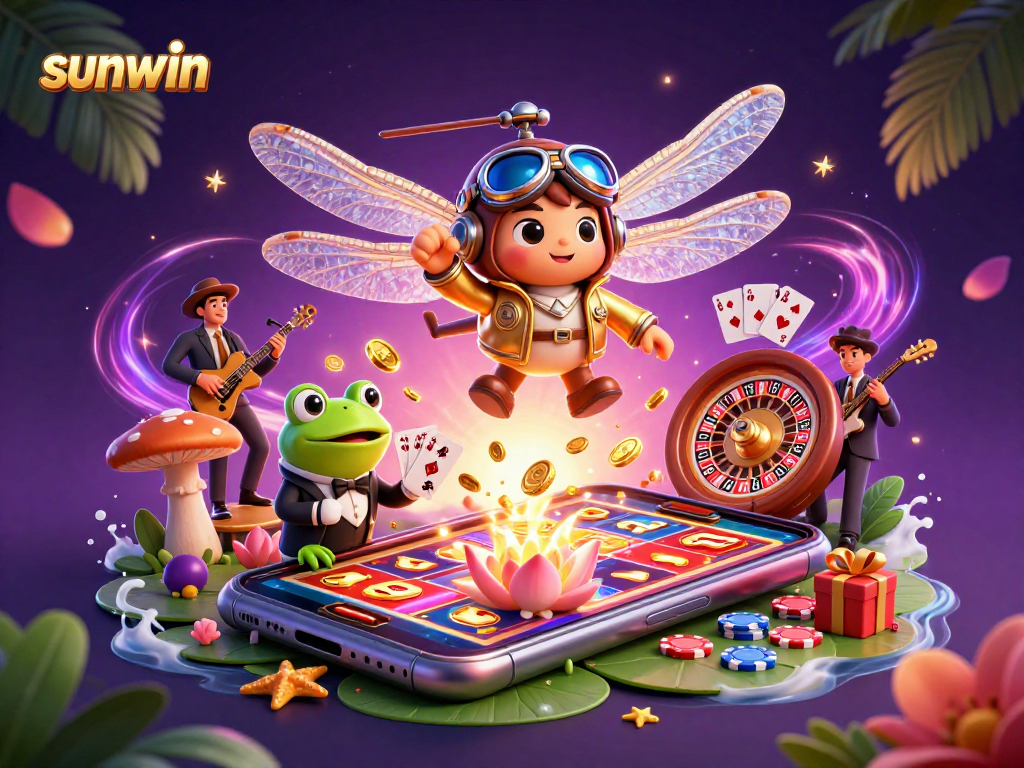 Engage in the thrill of sunwin slots amidst a vibrant 3D casino scene