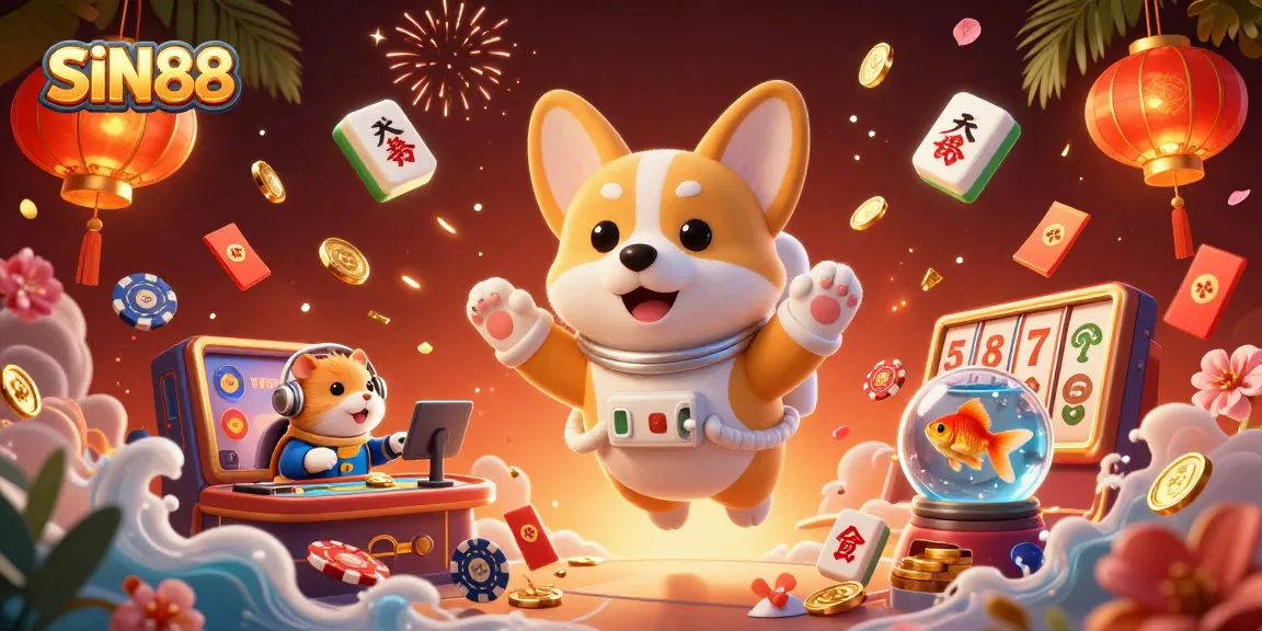 Engage with SIN88, an online casino, as a corgi astronaut explores a vibrant space casino.
