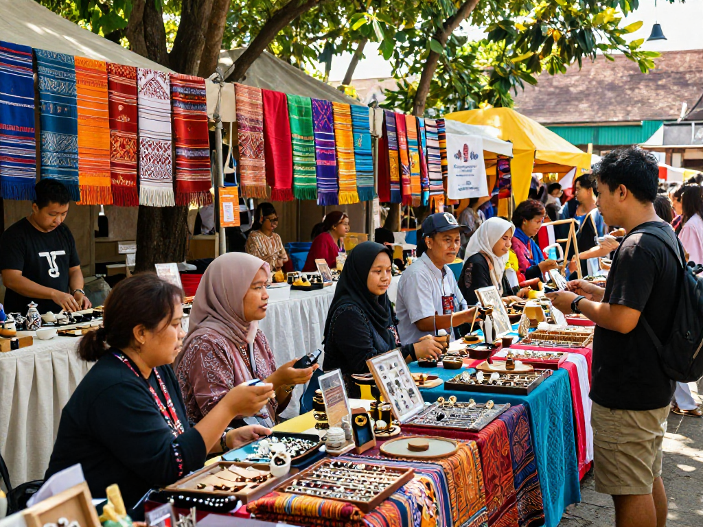 Experience the vibrancy of rokok 88's support for local artisans at a bustling Indonesian marketplace, showcasing unique handmade products.