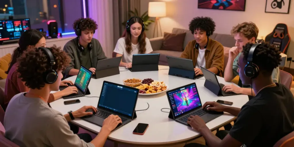 Friends enjoying online games on https://sky88tg.com/ with vibrant devices and lively atmosphere