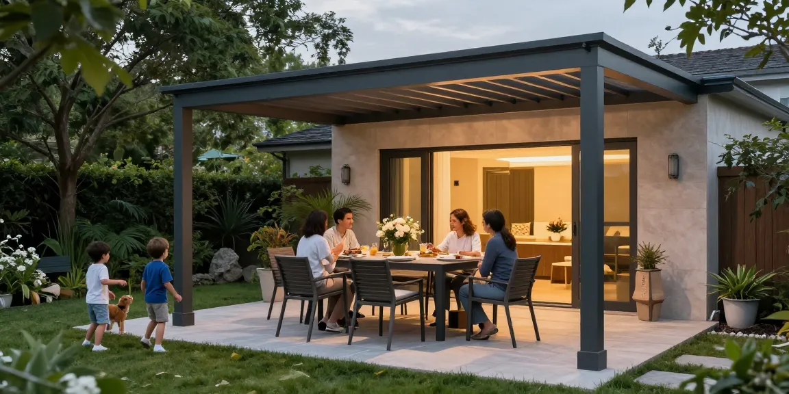 Familie genießt Terrassenüberdachungen bei einem Abendessen im Garten.