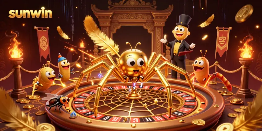 Engage in thrilling bets at sunwin's 3D casino, featuring exciting roulette wheel elements and vibrant characters.