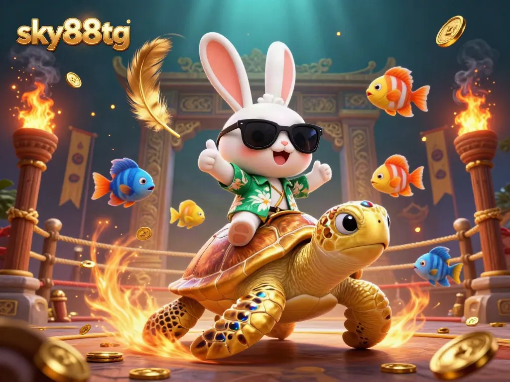 Experience thrilling wins at sky88tg with a vibrant 3D casino illustration showcasing fun characters in a dynamic gaming environment.