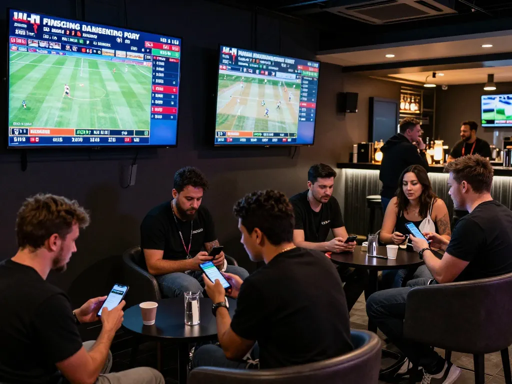 Sports bettors strategizing with smartphone apps while watching live games, focusing on soi keo nha cai for optimal betting.