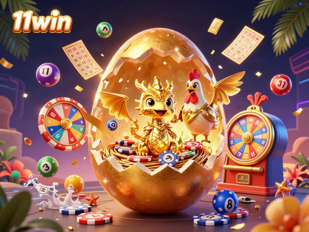 Experience the excitement of 11win with a golden dragon amidst lively gambling elements.