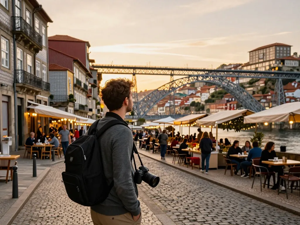 Reisetipps Porto: Reisender genießt die Sonnenuntergangsblicke auf Porto mit der Dom Luís I Brücke im Hintergrund.