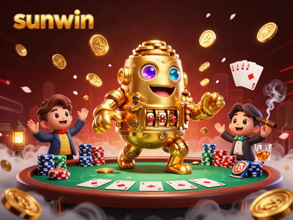 Engage with the vibrant sunwin casino scene featuring a golden golem, poker elements, and dynamic casino atmosphere.