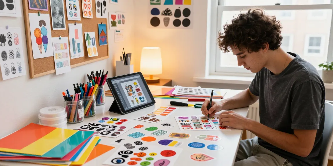 Creative designer crafting custom stickers in a colorful studio.