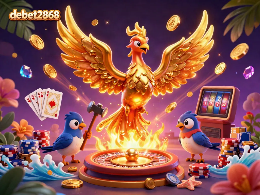 Experience debet2868's gaming world with a vibrant and dynamic casino scene featuring molten phoenix and gold elements.