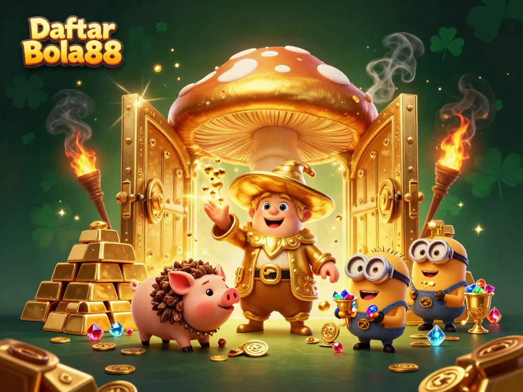 Experience the thrill of Daftar Bola88 as magical characters channel gold and treasures in a vibrant casino scene.