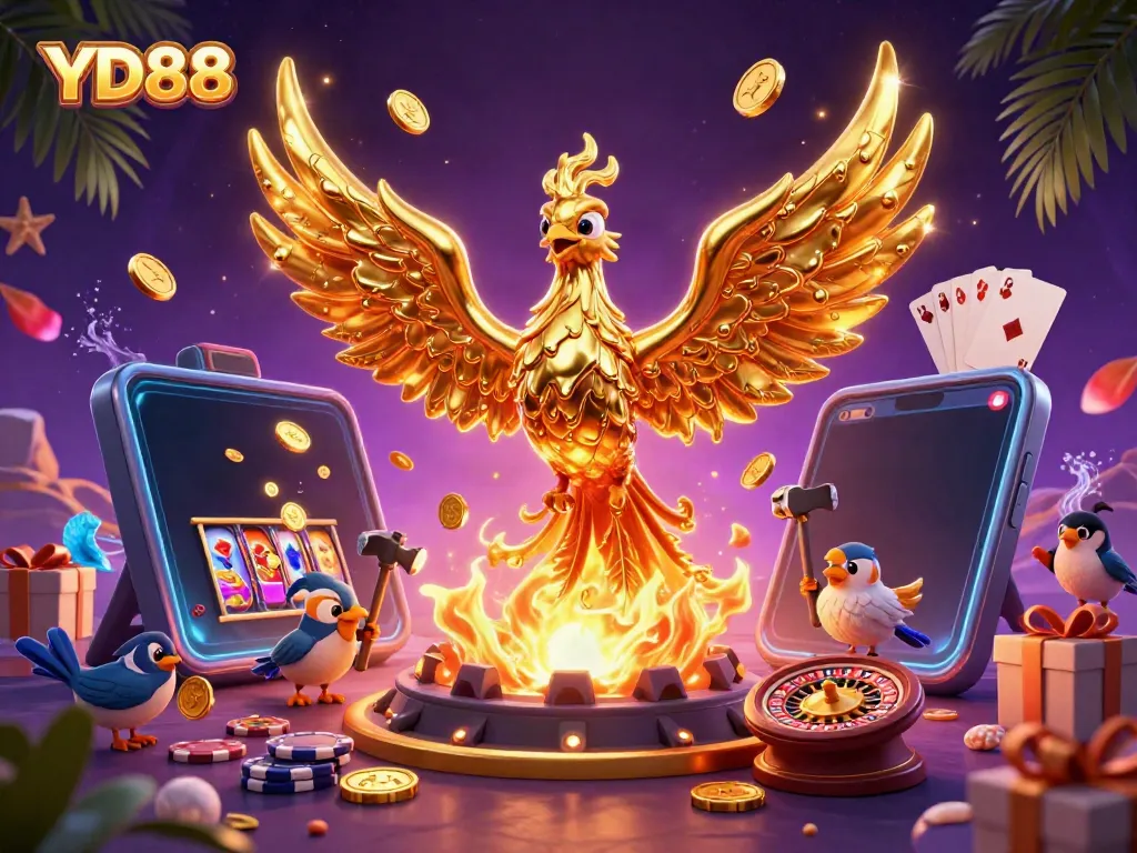 Experience the golden phoenix of YD88 casino, overflowing with jackpot coins and exciting gaming action.