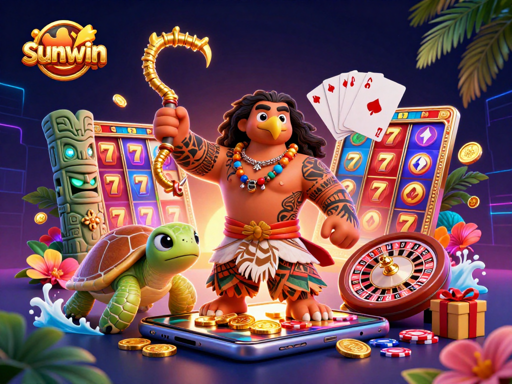 Engage with sunwin's vibrant slot reels and tiki characters in an action-packed 3D illustration.