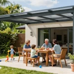 Moderne freistehende Terrassenüberdachung mit Familie im Garten bei sonnigem Wetter