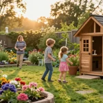 Familie verbringt Zeit im Garten neben einem Gartenhaus mit bunten Blumen.